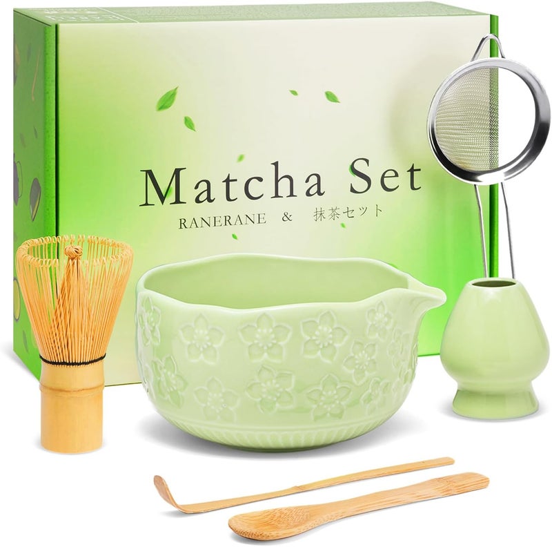 RANERANE Matcha Whisk Set, Sakura Green Ceramic Matcha Set Includes Matcha Bowl, Matcha Whisk (Chasen) and Holder, Sifter, Bamboo Scoop & Spoon - 6 Pcs Matcha Kit for Matcha Lovers - Image 1